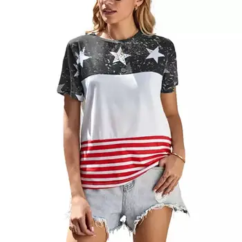 Moterų Laisvi marškinėliai Star Dryžuotas Spausdinti Tees Vasaros Atsitiktinis Viršūnes Trumpas Rankovės O-kaklo Kratinys Marškinėliai, Laisvas Megztinis Streetwear