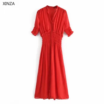 Moterų Raudono Šifono Vasaros Suknelė Za 2021 Trumpas Sluoksniuotos Rankovėmis Elastinga Juosmens Vintage 