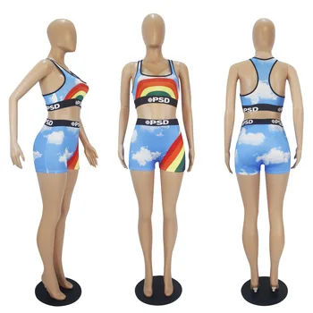 Moterų tracksuit Sexy 2 dviejų dalių komplektas Sporto liemenėlė+aukšto juosmens šortai moteriški drabužiai 2021 m. vasaros Paplūdimio Plaukimo sporto Apranga