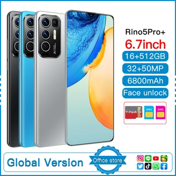 Nauja Rino5 Pro+ išmaniųjų telefonų 6800mAh 16+512 GB 6.7 Colių Mobiliųjų Telefonų 32MP +50MP HD Kamera Android11 Dual SIM mobiliųjų telefonų
