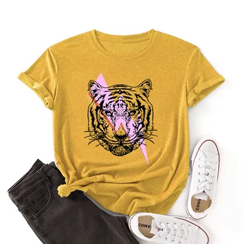 Nauja Vasaros Moterims Topai Animacinių Filmų Tigras Grafinis Atspausdintas Marškinėliai Mados Apvalios Kaklo Moters Drabužius Trumpomis Rankovėmis Medvilnės Tshirts Tees