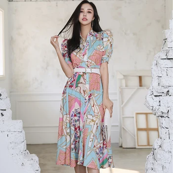 Naujas Vintage Spausdinimo Suknelė Moterims Vasaros Mados Korėjos Slim Darbo Partijos Suknelės Paprasta Vienas Krūtinėmis Marškinėliai Vestidos