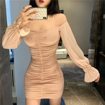 Nekilnojamojo kulka 2019 naujas mados ponios sexy žodis peties plisuotos Zou Xian plonas krepšys klubo dirželis suknelė