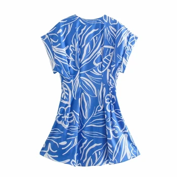 NWOMN Vasaros Blue Print Mini Suknelė Moterims Za 2021 Mados Paplūdimio Suknelės Moteris trumpomis Rankovėmis Suknelė Elegantiškas Mygtuką Aukštyn Atsitiktinis Suknelė