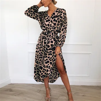 Pavasario Leopard Suknelė 2021 Moterų Šifono Paplūdimio Suknelė Prarasti Ilgomis Rankovėmis Giliai V Kaklo-Line Seksualus Šalis Suknelė Plonas Maxi Vestidos