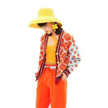 Pavasarį, Rudenį Moterų Oranžinės spalvos Gėlių Pledas Žakardo Prarasti Cardigan Megztinis 2021 Mygtuką-iki Moterų Negabaritinių Susagstomų Megztinių Jersey