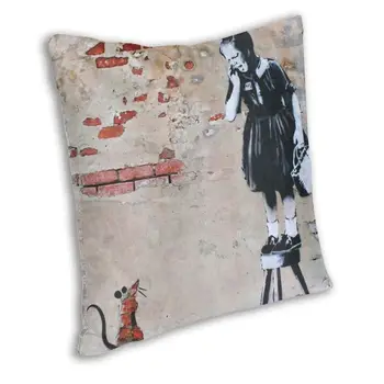 Pelės Ar Mergina Ant Išmatų Mesti Pagalvės užvalkalą Namų dekoro Užsakymą Banksy Gatvės Pop Art Pagalvėlė Padengti 45x45cm Pillowcover už Sofos