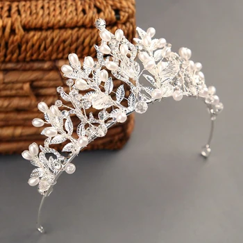 Rankų Darbo Pearl Crystal Crown Nuotaka Plaukų Papuošalai Vestuvių Rožančiai Headpieces Balta