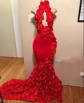 Raudona Undinėlės Prom Dresses Ilgai 2021 Nekilnojamojo Mėginio Puikus Aukšto Kaklo, Cut-Out Priekiniai Rankų darbo 3D Gėlės Backless Prom Dress
