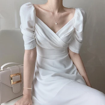 Retro V-kaklo Plonas Juosmens Moterų Suknelė Elegantiškas Puff - Sleeve Balta Moterų-line Suknelė 2021 M. Vasarą Šalies Vestidos Femme Maxi Suknelės