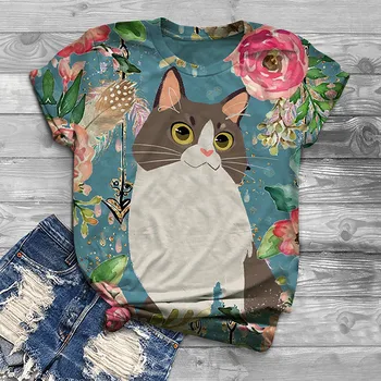 S-5XL Spalvotų 3D cute kačių, print T-shirt Moterims, Mados Apvalios Kaklo trumpomis Rankovėmis Mielas Gyvūnų trumpomis Rankovėmis Viršūnes t-shirt femme F4