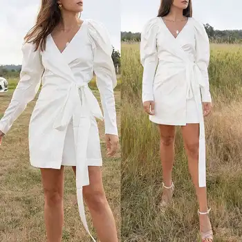 Seksualus Wrap Mini Suknelė Celmia Moterų 2021 Mados Ilgos Rankovės Vientisos Spalvos Šalis Trumpą Suknelę Vasarą Office Juostinės Sundress