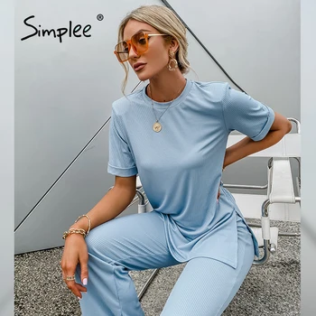 Simplee Atsitiktinis mėlyną juostelę moterų kostiumas vasaros Pagrindinės O-kaklo padalinta T-marškinėliai, ilgos kelnės Elegantiškos mados Laisvalaikio drabužiai lady 2021 naujas