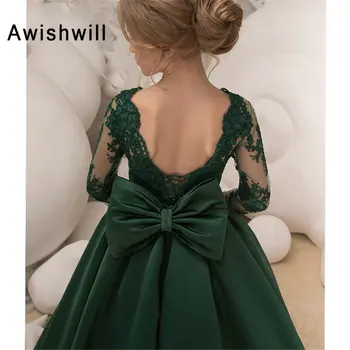 Smaragdas Žalia Ilgomis Rankovėmis Gėlių Mergaitės Suknelė-Line Aplikacijos Satino Lankas Su Vaikų Šalis Suknelė Šventosios Komunijos Suknelės