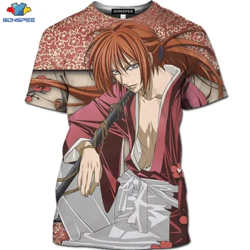 SONSPEE 3D Nuotykių Anime Rurouni Kenshin T-Shirt Animacinių filmų Samurajus Harajuku Marškinėliai Cherry blossom vyriški T-Shirt Komiksų Grožio Viršų