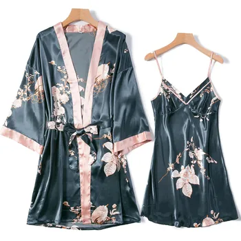 Spausdinti Gėlių Skraiste Nustatyti Vasaros Satino Suknelė Kimono Moterų Atsitiktinis 2VNT Sleepwear Moterų Šilkiniai Nighty&Skraiste, Nustatyti V-kaklo Namų Drabužių