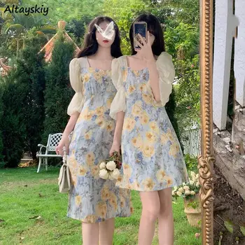 Suknelės Moterims Šifono Mini Aikštėje Apykaklės Vasaros Retro Prancūzų Stiliaus Moteris Streetwear Temperamentas Mados Kratinys Priežastinis Draugas