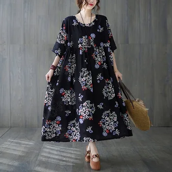Trumpos rankovės, juodos spalvos medvilnės derliaus gėlių suknelės moterims atsitiktinis palaidų ilgai moteris, vasaros suknelė elegantiškas drabužius 2021