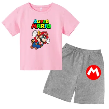 Vasaros Drabužių paaugliams Mergina T-shirt kostiumas Mielas Animacinių filmų Mario Bros Spausdinimo T-shirt Kvėpuojantis Drabužius, 4-14T Top + shorts