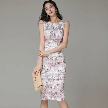 Vasaros Elegantiškas spausdinti stora Suknelė vienas gabalas korėjos ponios Sexy Rankovių Įgulos kaklo Office Bdoycon Šalis Suknelės moterims