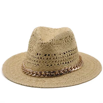 Vasaros skrybėlės, plačios kraštų chaki džiazo kepurės moterims, vyrams, atsitiktinis klasikinis juostos diržo, grandinės, spyruoklės, šiaudai lauko paplūdimio panamos skrybėlės nuo saulės