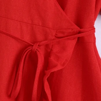 Vasarą Moterys Kryžiaus V Kaklo Lino Mini Wrap Dress Moterų Sluoksniuotos Rankovėmis Drabužius, Laisvalaikio Lady Prarasti Vestido D8016