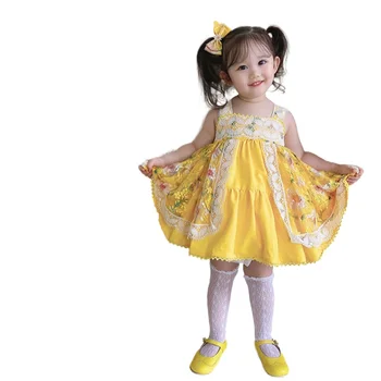 Vasarą Naujų Mergaičių Geltona Saldus Princesė Suknelė Lolita Princess Dress Kūdikio Gimtadienio Mergaitė Bamblys Mergina Drabužių, Gėlių Mergaičių Suknelės