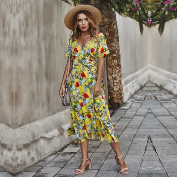 Vasarą Ponios Atostogų Stiliaus Vidutinio Ilgio Gėlių Spausdinti Suknelė Moterims 2021 Naujas Elegantiškas Ruffles V-kaklo trumpomis Rankovėmis Beach Suknelė