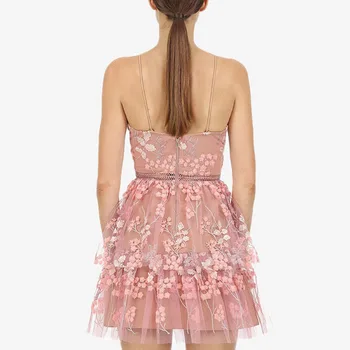 VGH Rožinė Kratinys Siuvinėjimo Diržas Suknelė Moterims V Kaklo, Rankovių Aukštos Juosmens Mini Suknelės Moterų 2021 M. Vasaros Mados Drabužiai