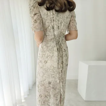 Vienas Gabalas korėjos Prašmatnus Derliaus Temperamentas Gėlių Šifono Suknelė 2021 M. Vasarą Naujas Elegantiškas Mados, O Kaklo Sluoksniuotos Rankovėmis Moterų Suknelė