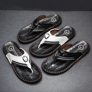Viršutinis batų prekės ženklai Vyrų Flip Šlepetės natūralios Odos Prabangus Paplūdimio Šlepetės Atsitiktinis Sandalai Vasaros Vyrų Mados Batai, balta