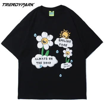Vyriški T-shirt, Šypsena, Gėlės Spausdinti Vasaros trumpomis Rankovėmis Hip-Hop Negabaritinių Medvilnės Atsitiktinis Harajuku Streetwear Viršuje Tee Vyrams Tshirts