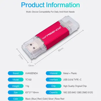 WANSENDA USB Flash Drive, OTG 2 IN 1 USB3.0 & C Tipo Pen Drive 32GB 64GB 256 GB 512 GB USB 3.0 128GB Pendrive Flash Drive