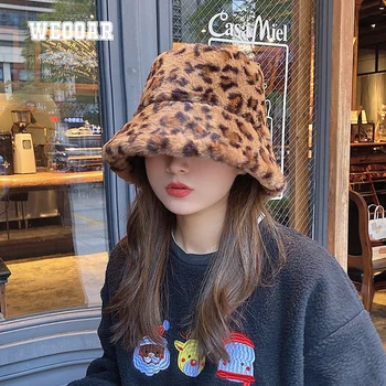 WEOOAR Leopard Kibiro Kepurę Moterims 2021 Karvė Spausdinti Vyrų Panama Žiemą Šiltas Pliušinis Žvejys Hat, Black Cap Moteriška Mergina/berniukų MZ032