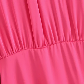 Za 2021 Rose Red Midi Marškinėliai Suknelė Moterims Atvartas Wrap V-kaklo, ilgomis Rankovėmis Vasaros Suknelė Seksualus Susieta Pusėje Ritininės Klostyti Office Ponios Suknelė