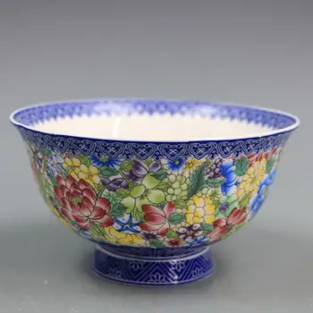 Čing Dinastijos Qianlong mėlynos ir baltos spalvos emalio spalvos pastelinės mažų gėlių modelio dubenį, namų apyvokos reikmenys, antikvariniai porceliano dubuo