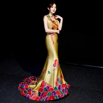 Šalis Vakare Cheongsam Retro Seksualus Slim Siuvinėjimo Suknelė Santuokos Suknelė Kinų Stiliaus Vestuvių Ilgai Qipao Bodycon Suknelė Vestido