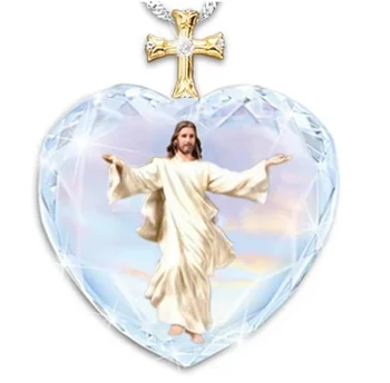 Širdies Formos Kristalų, Stiklo Kryžius, Jėzus Pakabukas moteriški Karoliai Naujas Mados Religinių Amuletas, Aksesuarai, Šaliai, Papuošalai, Dovana