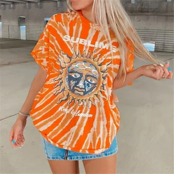 Šviesiai Oranžinė Saulė Grafinis Tee Moteris Tshirts 2021 M. Vasaros Naują Atsitiktinis Nešioti Paauglių Mergaičių, O-Kaklo Prarasti Negabaritinių Marškinėliai Harajuku
